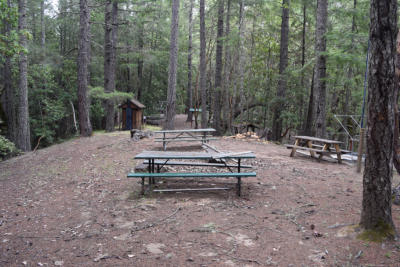 Little Dipper campsite in off-season with KYBO and bulletin board in background.